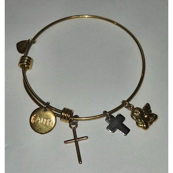 Gold-Plated Charm Bangle Bracelet With Angel Heart Cross & Faith Charms - Picture 1 of 6